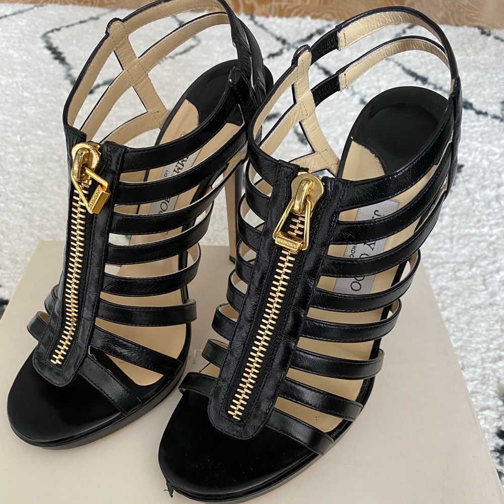 Jimmy Choo Black Glenys Leather Zipper Sandals